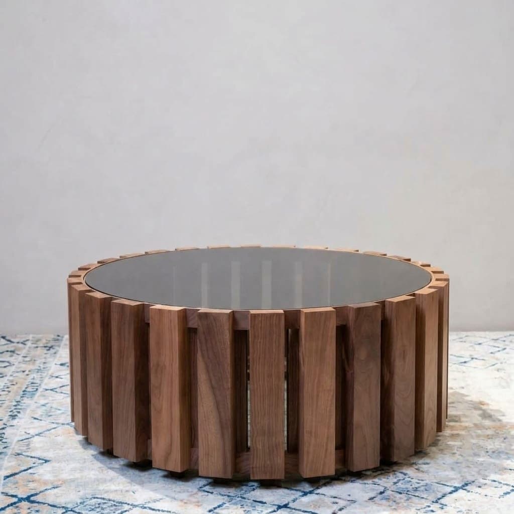 Wooden Round Coffee Table with Glass Top